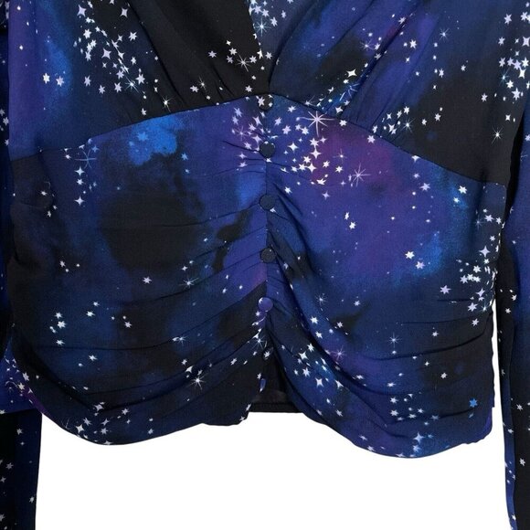 White House Black Market Womens Blouse Size 4 Stars Pattern V-Neck Ruched Front - Picture 3 of 9